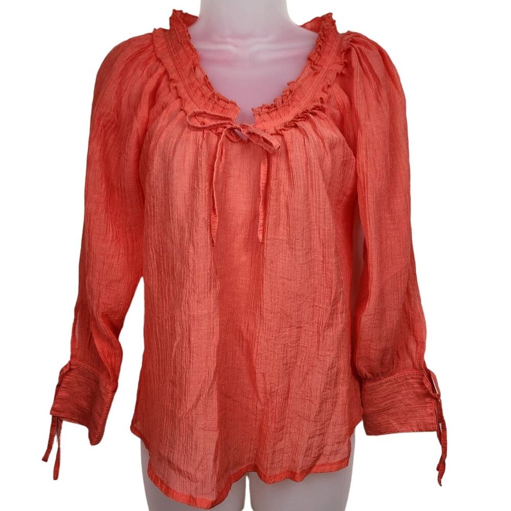 🌼Poppy Garden Ladies Blouse Size Small Silk Blend Tie Front Orange